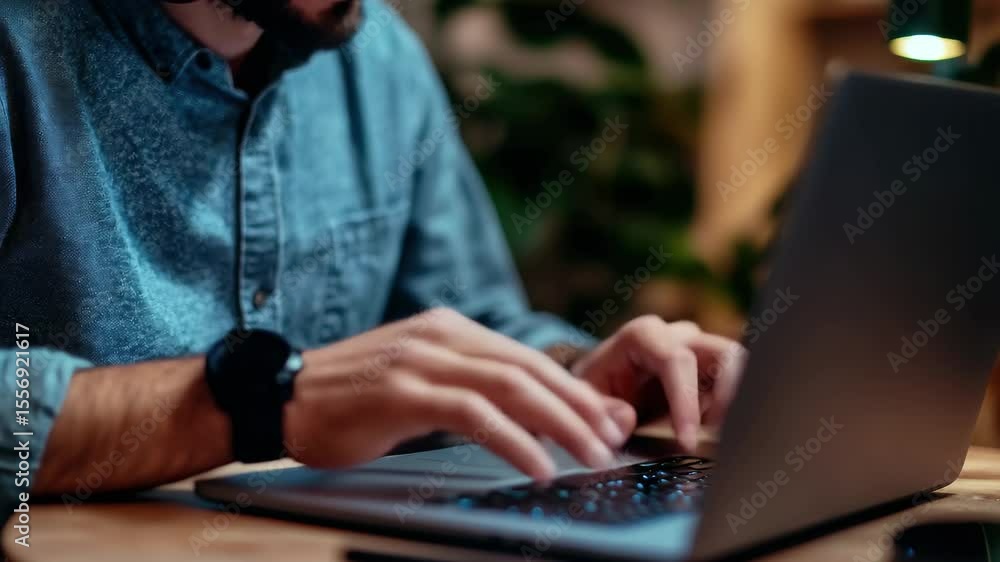 Poster graphic designer creating digital art at night using laptop and color palette in a cozy workspace, g