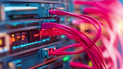 Digital data processing with interconnected servers and bright cables in a modern data center environment, digital data processing with connections over computer servers - Powered by Adobe