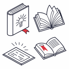 Open books with lightbulb and red bookmark icons closed book idea