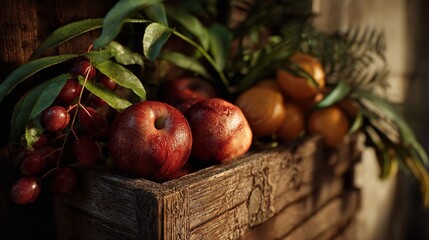 Vibrant fruit harvest overflowing in vintage wooden crate Apples oranges cherries garden produce