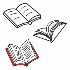 Three open books with black outlines and one red book reading literature