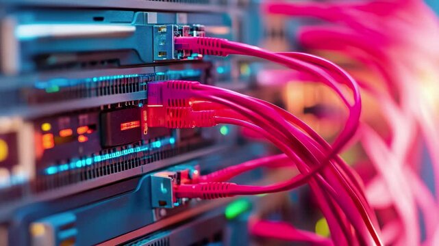 Digital data processing with interconnected servers and bright cables in a modern data center environment, digital data processing with connections over computer servers