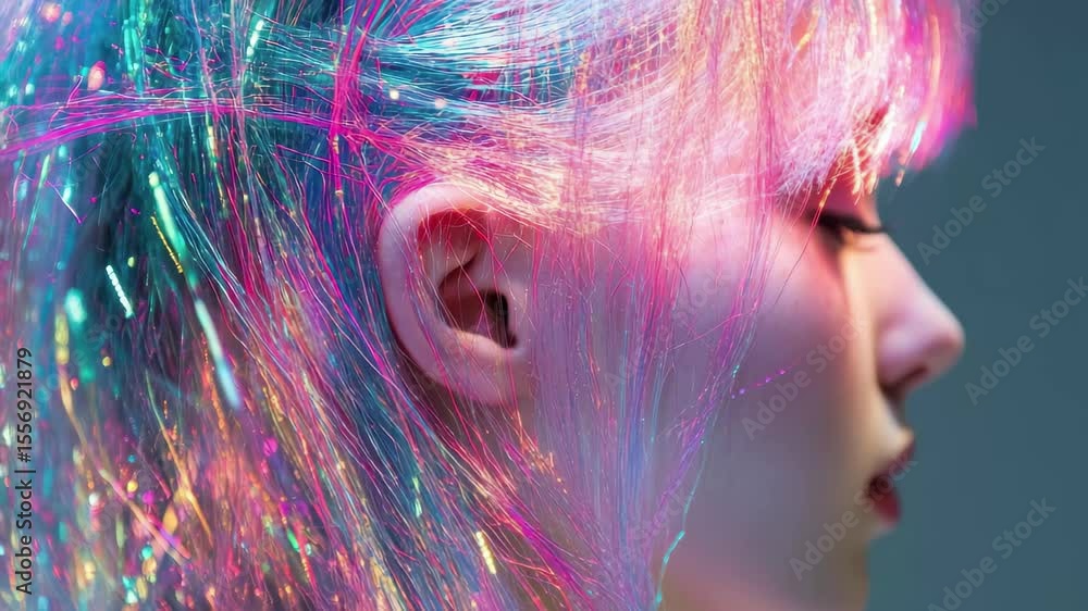 Poster digital data processing and connections represented through vibrant hair colors and glowing strands,