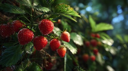 Ripe strawberries on vine glistens red harvest of garden sweetness organic food natural fruit