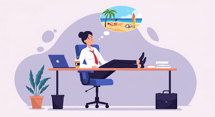 An office worker escapes stress by daydreaming of a beach vacation. A clean vector showing the need for work-life balance and holiday leave. Set for remote work burnout, Remote work stress, lifestyle