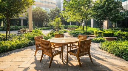 Obraz premium Corporate patio table set in sunny garden with building view