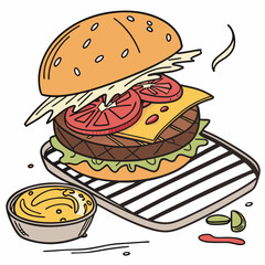 Delicious burger with cheese tomato and lettuce on grill hamburger