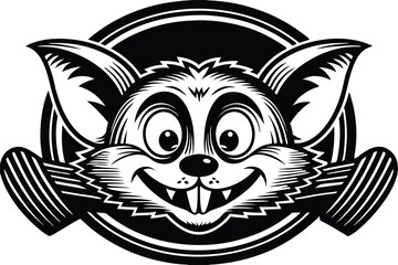 Vectorized monochrome of a smiling mouse face with large ears inside a circular frame