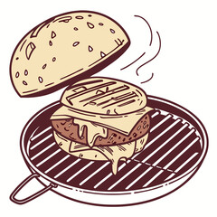 Juicy burger cooking on grill with melted cheese grilling food