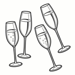 Four champagne flutes with bubbles on white background glasses drink
