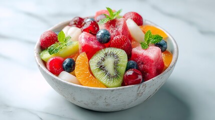 Refreshing Fruit Salad Bowl Watermelon Kiwi Strawberries and Mint for Healthy Eating and Vibrant