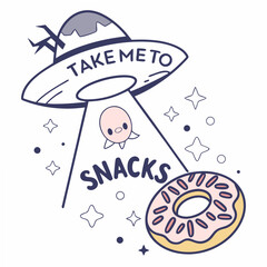 U F O beaming up pink donut with snacks text alien