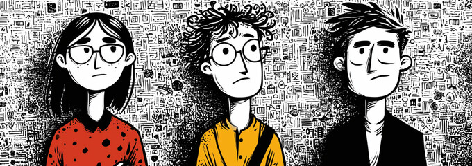 Three cartoon characters with concerned expressions against a patterned background in monochrome style