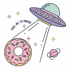 Purple U F O beaming pink donut with pastel stars space