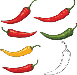 Colorful chili pepper vector illustration, mix of filled and outline style hot chilies, spicy vegetable design, red green yellow peppers clipart, vibrant food graphic for kitchen or packaging use
