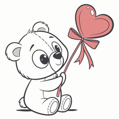 Adorable teddy bear holding a pink heart shaped balloon with a bow vector