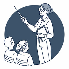 Teacher pointing with book and students listening vector