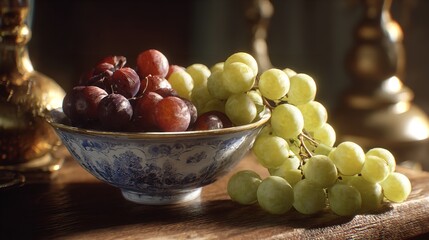 Grapes and Plums in Vintage Bowl Still Life Fruit Freshness Healthy Eating Kitchen Decor Artistic