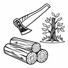 Axe tree logs and forest scene vector
