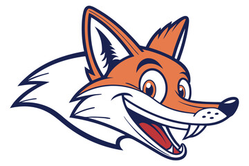Cheerful fox mascot head with orange fur and a big white smile appears happy