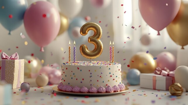 A bright and joyful third birthday celebration with balloons and cake