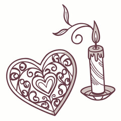 Ornate heart and lit candle with decorative vine flame leaves