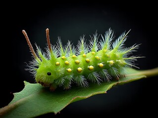 Naklejka premium Close-up of a unique, fuzzy green caterpillar with glowing spots on a leaf