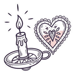 Burning candle with decorative heart symbol flame light