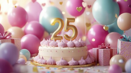 A delightful 25th birthday celebration with cake, balloons, and presents galore
