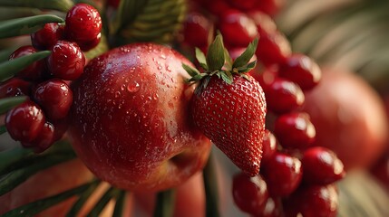 Freshly picked strawberry and apple in a still life fruit harmony red berries with water droplets