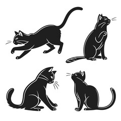 Four black cats in various poses on white background feline animal