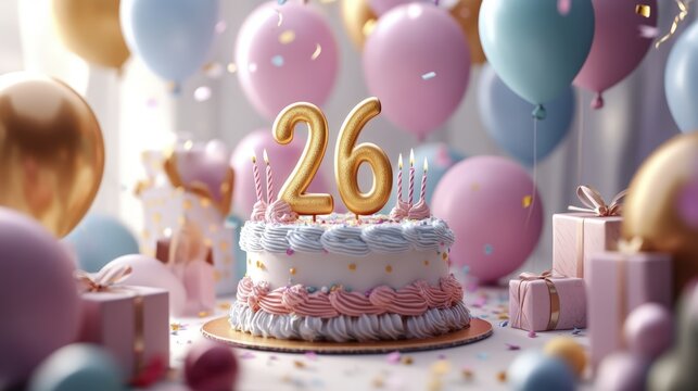 A delightful 26th birthday celebration with cake, balloons, and gifts aplenty