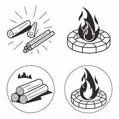 Fire pit icons with logs and flames campfire wood