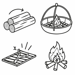 Outdoor campfire cooking and wood icons fire pit logs