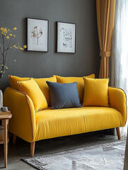 Cozy chic yellow compact sofa home living room furniture contemporary setting inviting vibe