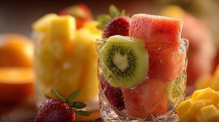 Exotic Fruit Salad Glass Watermelon Kiwi Strawberry Mango Pineapple Refreshing Summer Treat