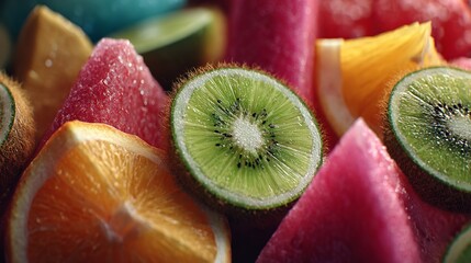 Vibrant Fruit Medley A Close Up on Fresh Kiwi Orange and Watermelon Delights Nature s Sweet Canvas