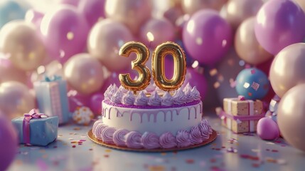 A festive 30th birthday celebration with cake, balloons, and gifts galore