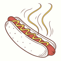 Hot dog with mustard and steam on white sausage yellow
