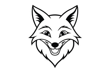 Smiling fox head shows its happiness in a black and white line drawing
