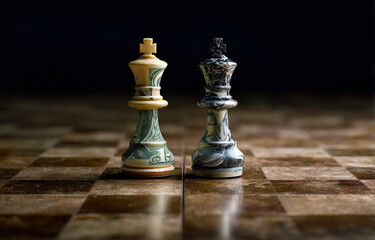 Fototapeta premium This captivating image juxtaposes a king chess piece crafted from currency, symbolizing the interplay of wealth and strategy, as they stand prominently on a checkerboard.