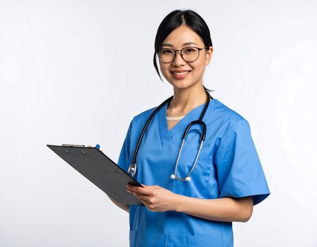 Friendly female nurse in blue scrubs holding clipboard - Powered by Adobe