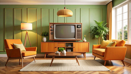 Create a cozy living room with a retro midcentury armchair and sofa