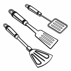 Black and white line art grilling spatulas kitchenware cooking