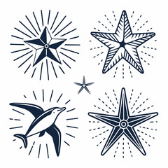 Nautical starbursts and leaping dolphin icons vector