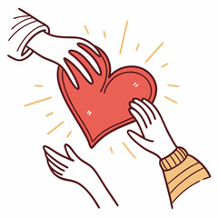 Hands reaching for a red heart love giving