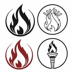 Flaming torch and abstract flames in circular emblems fire symbol