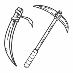Two ancient agricultural tools depicted with bold black outlines sickle scythe