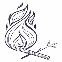 Stylized dark blue flame symbol with burning wood and leaves fire logs