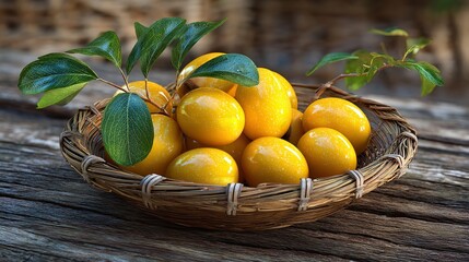 Yellow delights in wicker basket organic plums green leaves still life rustic charm natural light